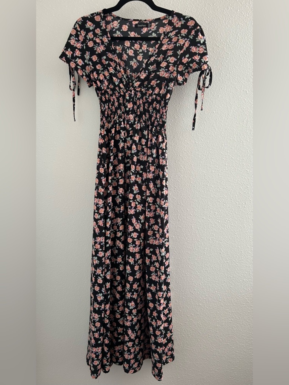 Boohoo Black Maxi Dress with Pink Floral Print